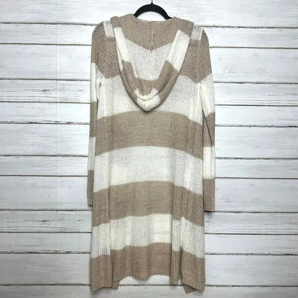 POL Tan Ivory Striped Long Knit Hooded Cardigan Sweater Open Front Size Small